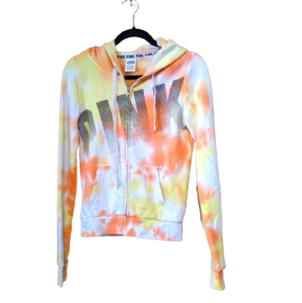 🌟Victoria Secret Pink Tie-dye Yellow Orange Hoodie Jacket Size XS